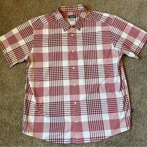 PATAGONIA Button Down Red Gray Plaid Shirt Organic Cotton Men’s XXL Short Sleeve